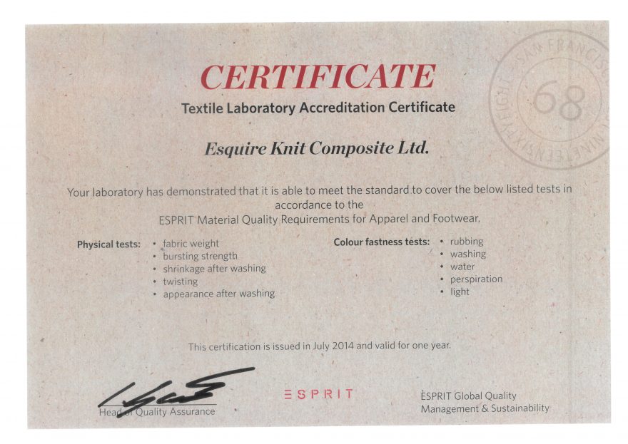 Esquire Knit Composite Ltd. Certificate Esprit - Esquire Knit Composite ...